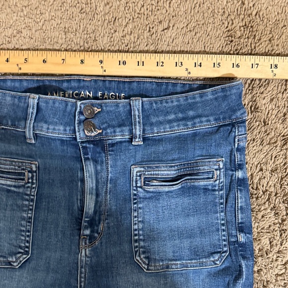 American Eagle Super Hi-Rise Flare Jeans Blue Women's Patch Pockets size 16 Boho - Picture 5 of 7
